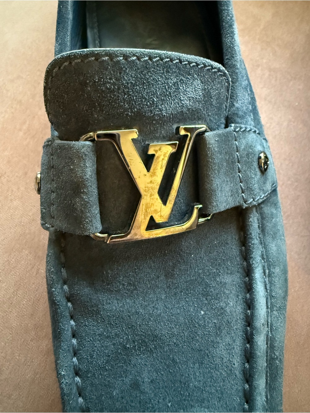 Louis Vuitton Navy Suede Loafers with Gold LV Buckle - Picture 6 of 6